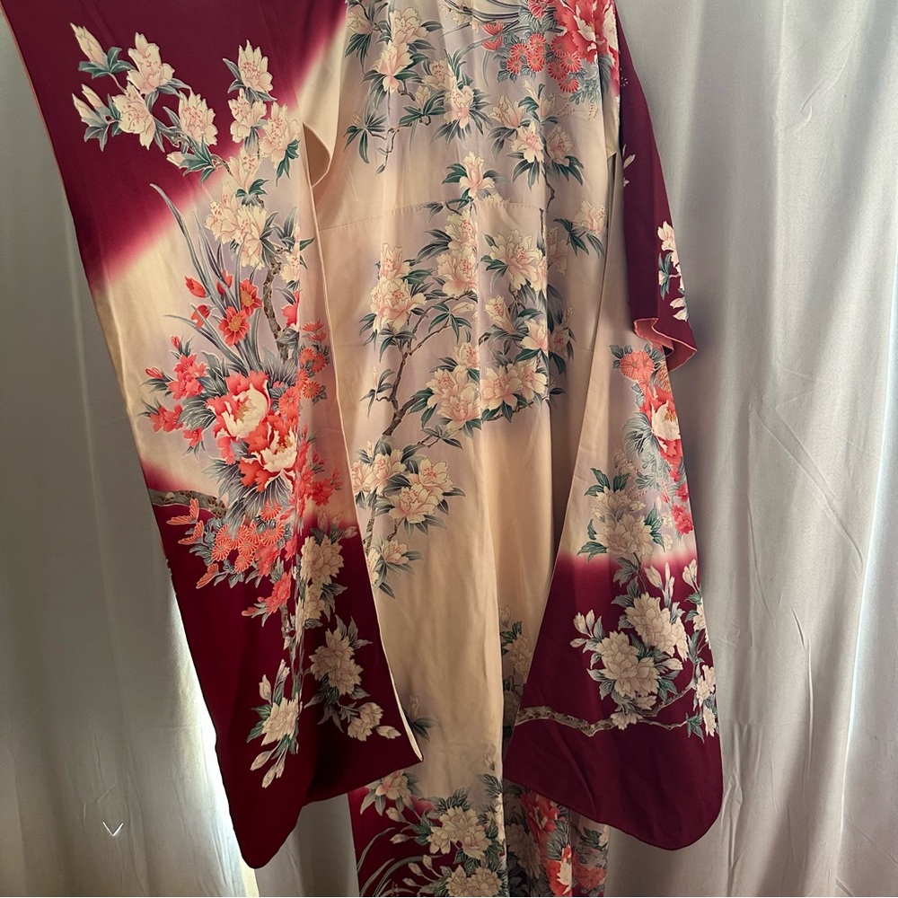 Silk Floral Kimono with Burgundy and Cream Accents furisode